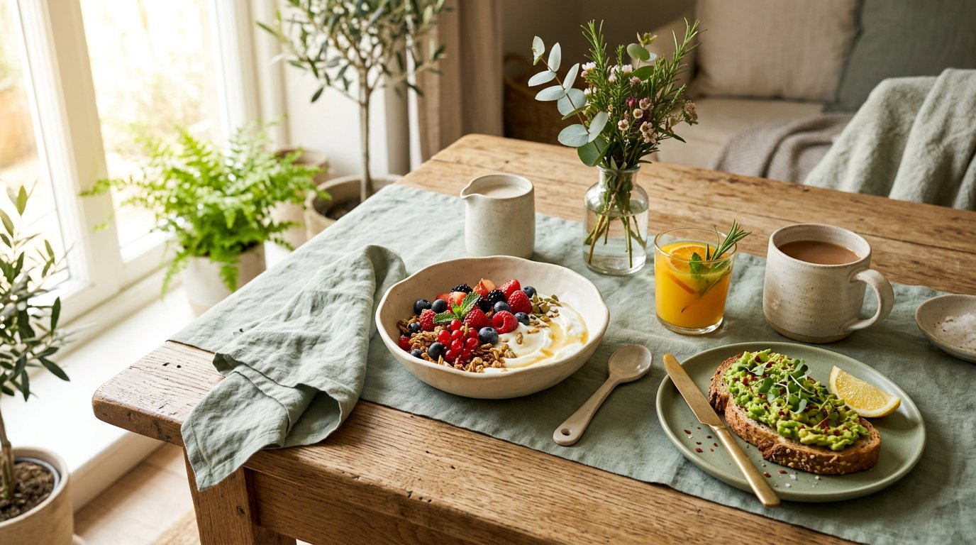 A sunlit table set with fresh, colorful breakfast ingredients